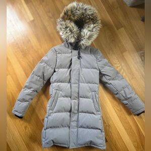 Aritzia Gray Puffer Coat with Faux Fur Hood